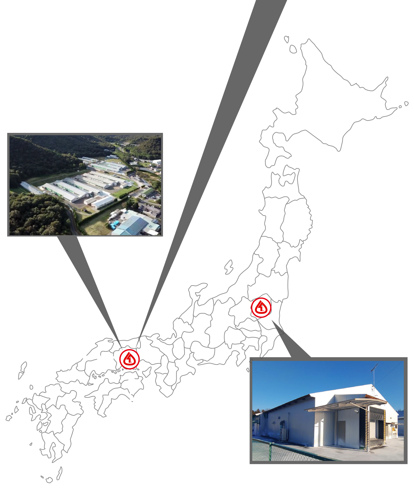 瀬戸内孵化場、岡山腹種鶏場、栃木現種鶏場の位置を示す日本地図