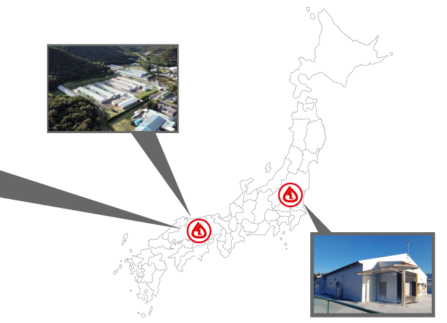 瀬戸内孵化場、岡山腹種鶏場、栃木現種鶏場の位置を示す日本地図